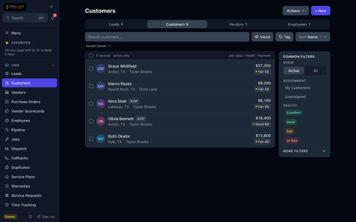 TheLight CRM on a laptop: a customer list with each customer's city, sales rep, job value and health score.