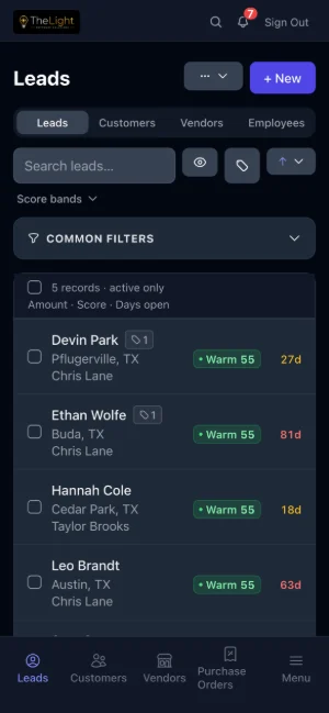 TheLight CRM on an iPhone: a list of leads with location, assigned rep, lead score and days open.